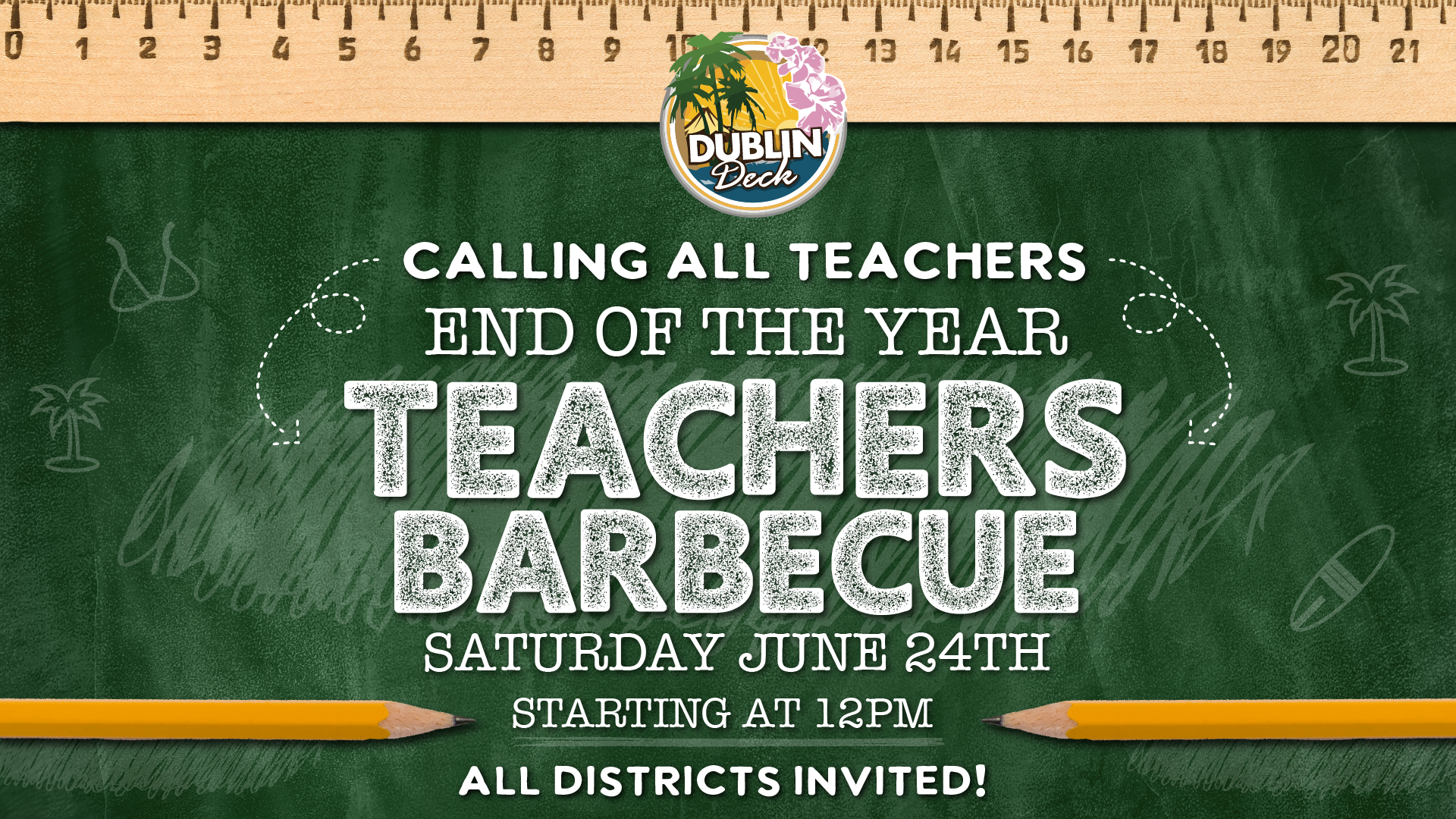 Calling all teachers! Our annual teacher's BBQ is on Saturday, June 24th! Your $10 admission includes free BBQ buffet and one drink ticket and lots of fun! Doors open at 12PM with live music by 2 bands. 