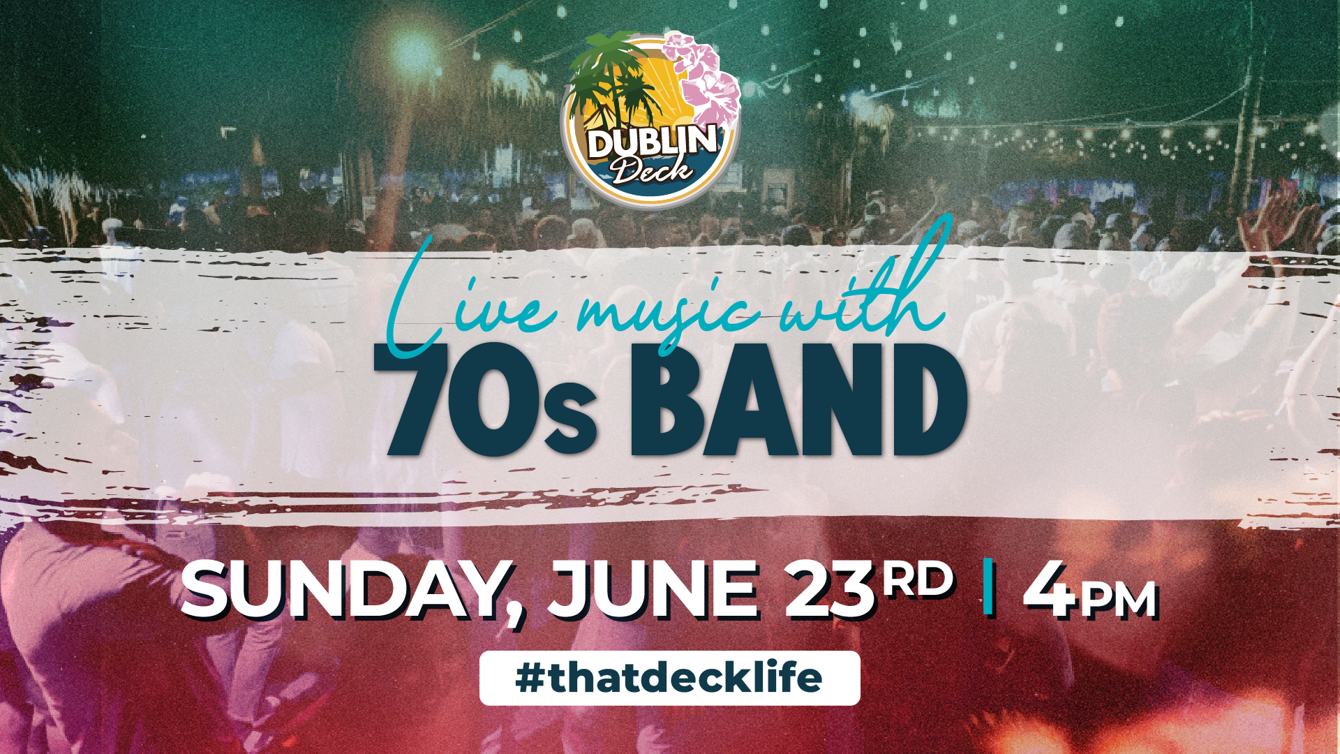 flyer for live music by 70's band on june 23 at 7pm