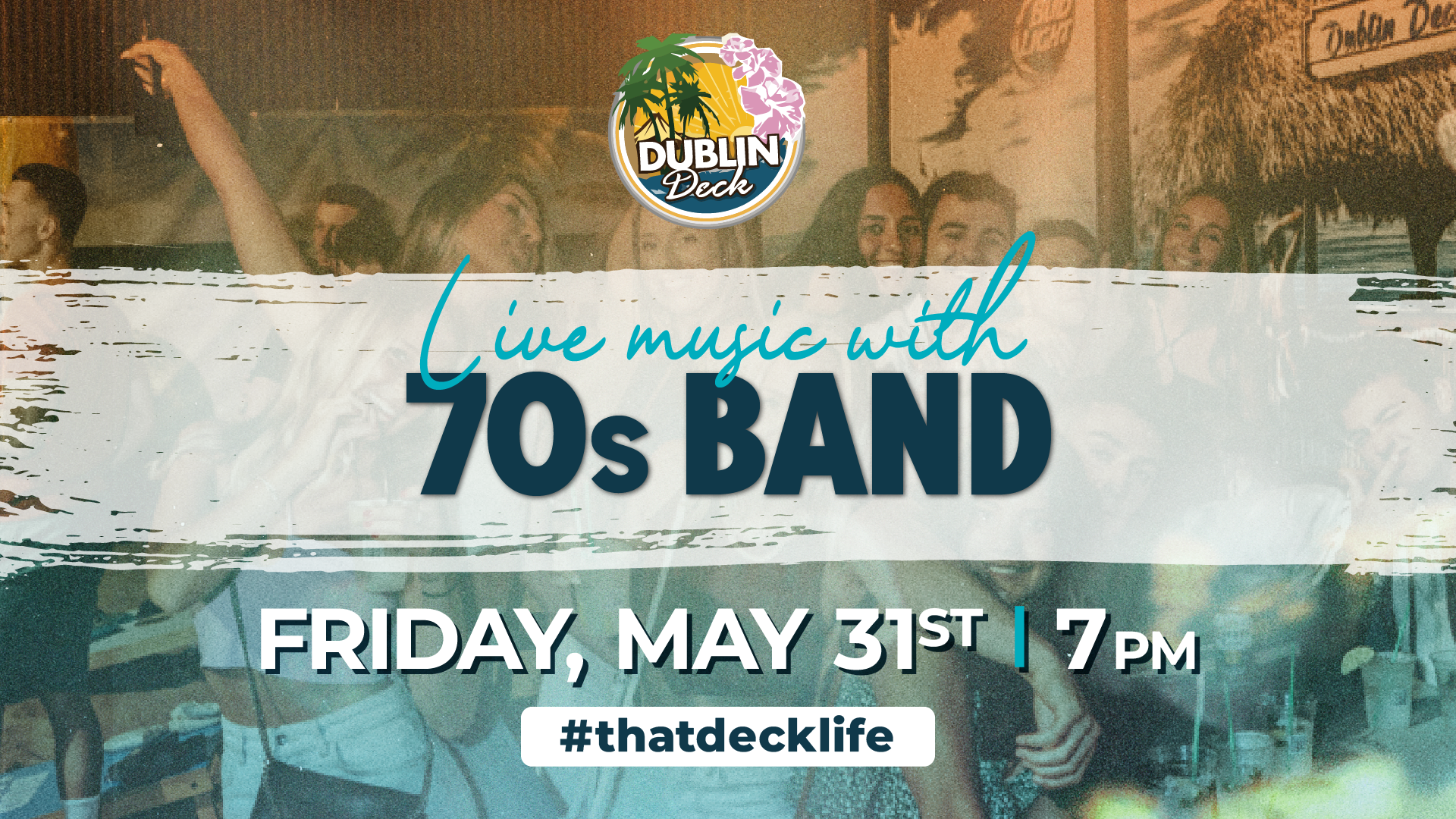 flyer for live music by 70's band on may 31st at 7pm