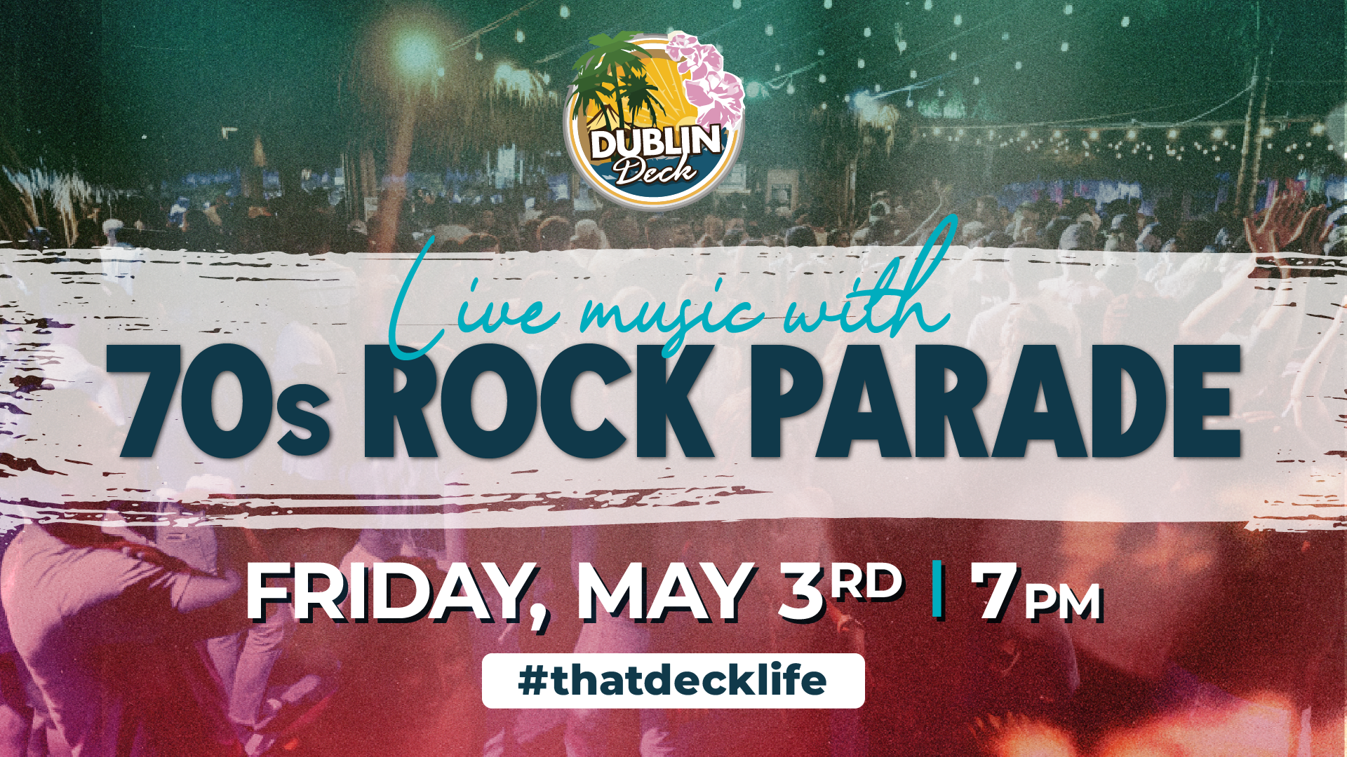 Flyer for live music with the 70s Rock Parade on May 3rd