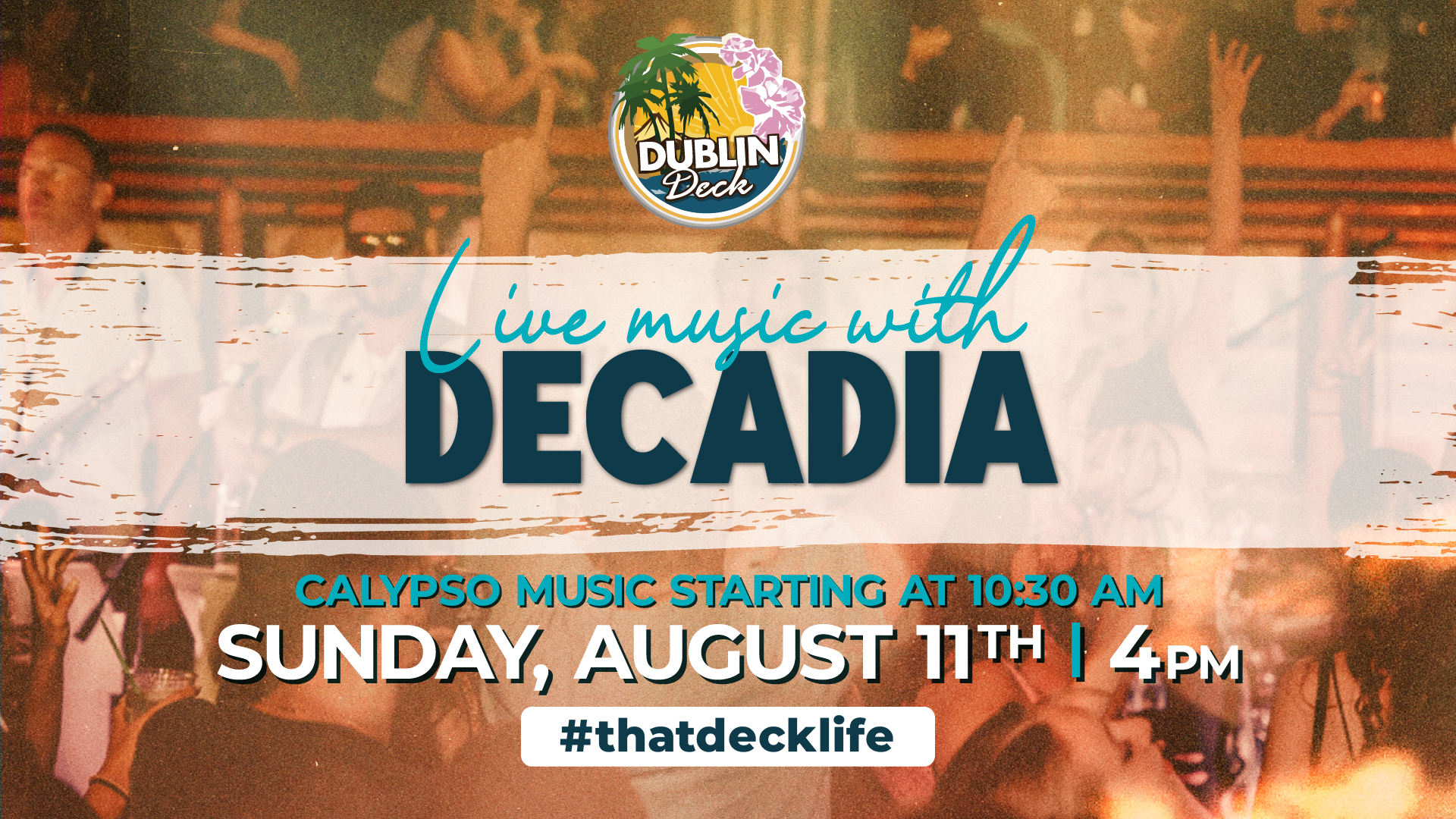 live music flyer for august 11th at 4pm with a performance by decadia