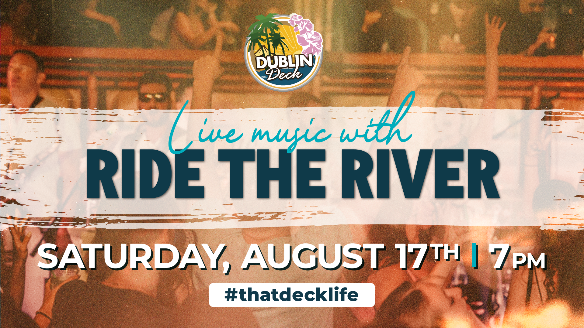 live music flyer for august 17th at 7pm with a performance by ride the river