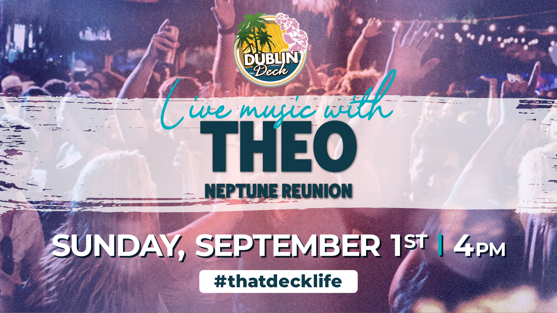 flyer for Labor day weekend with DJ Theo on september 1st for the neptune reunion party. this will be a day and night event 