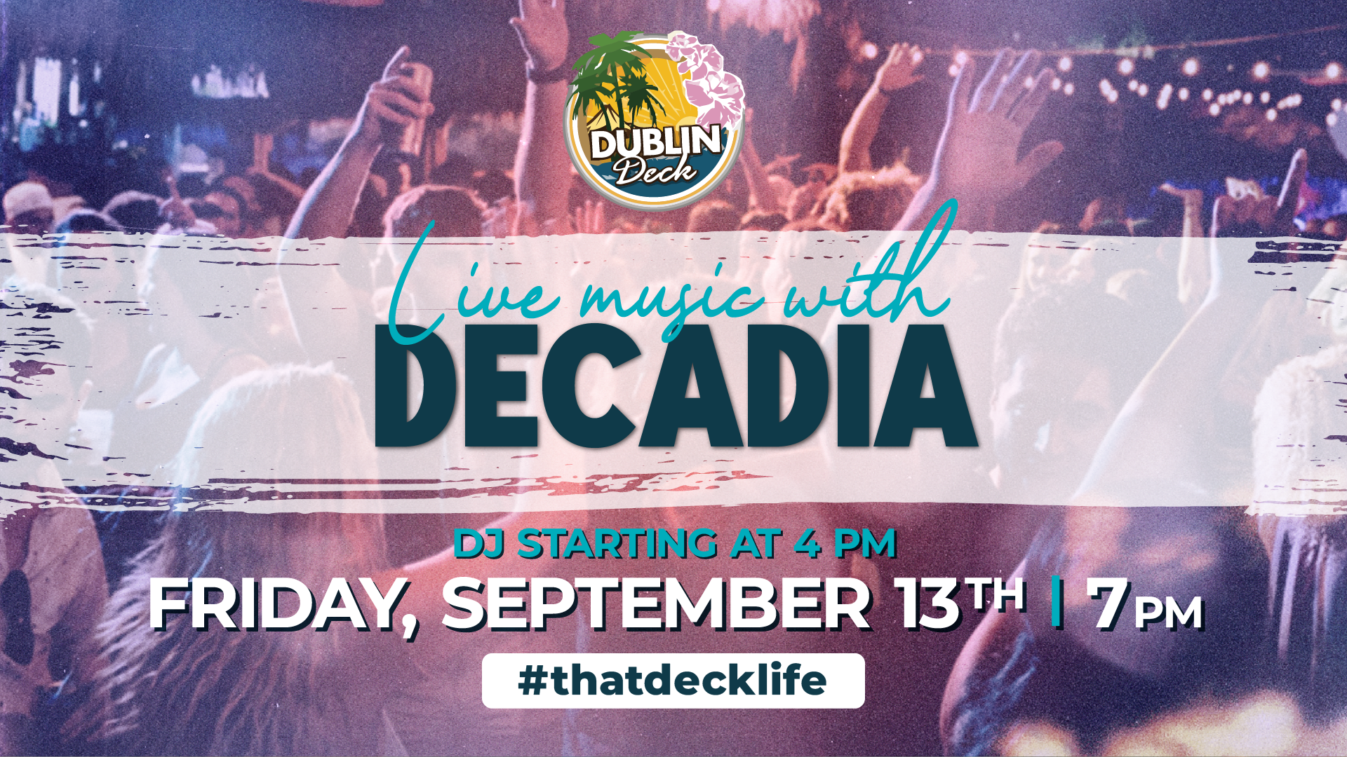 flyer for live music for decadia performing on september 13 at 7pm