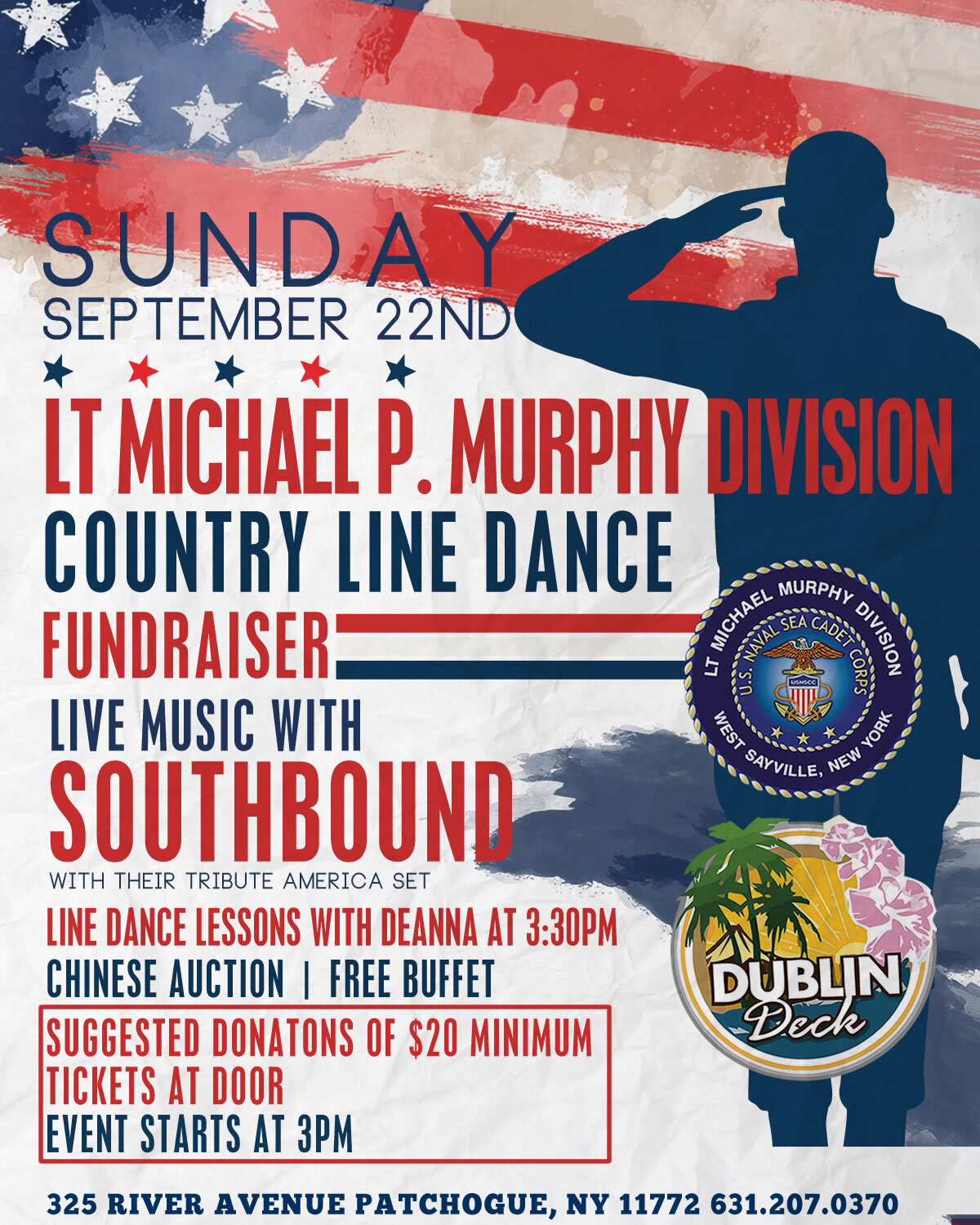 flyer for a line dance promo for LT Michael P. Murphy Division country line dance with live music by southbound. event starts at 3pm. tickets are available at door