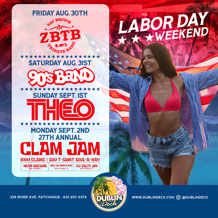 live music flyer for labor day weekend with 3 stages and our 27th annual clam jam 2pm-9pm