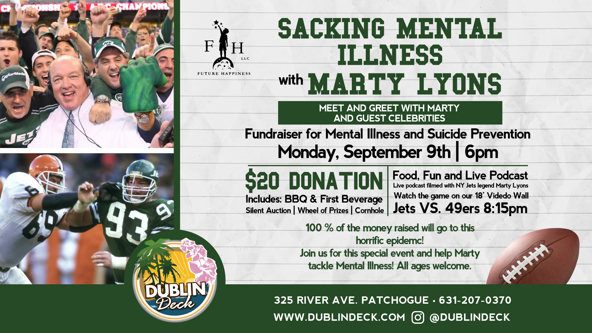 flyer promo fpr sacking mental illness with marty lyons for suicice prevention awareness. there will be food, fun and silent auctions. with your $20 donation it will grant you access to a BBQ and first drink.